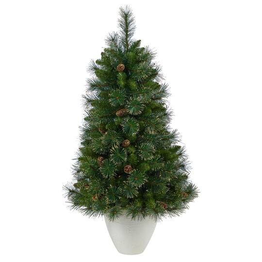 4ft. Pre-Lit Golden Tip Washington Pine with Pinecones Artificial Christmas Tree In White Planter, Clear Lights